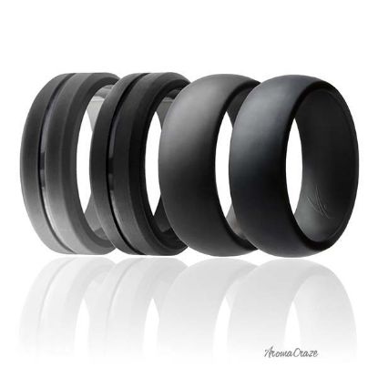 Picture of Silicone Wedding Ring - Engraved Middle Line and Dome Style Set by ROQ for Men - 4 x 15 mm 2-Black, 2-Grey